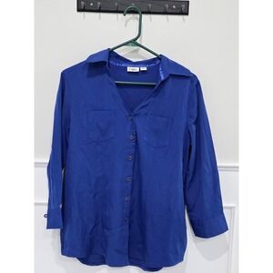 Cato Royal Blue Button Front V Neck Long Sleeve Shirt Women's Medium